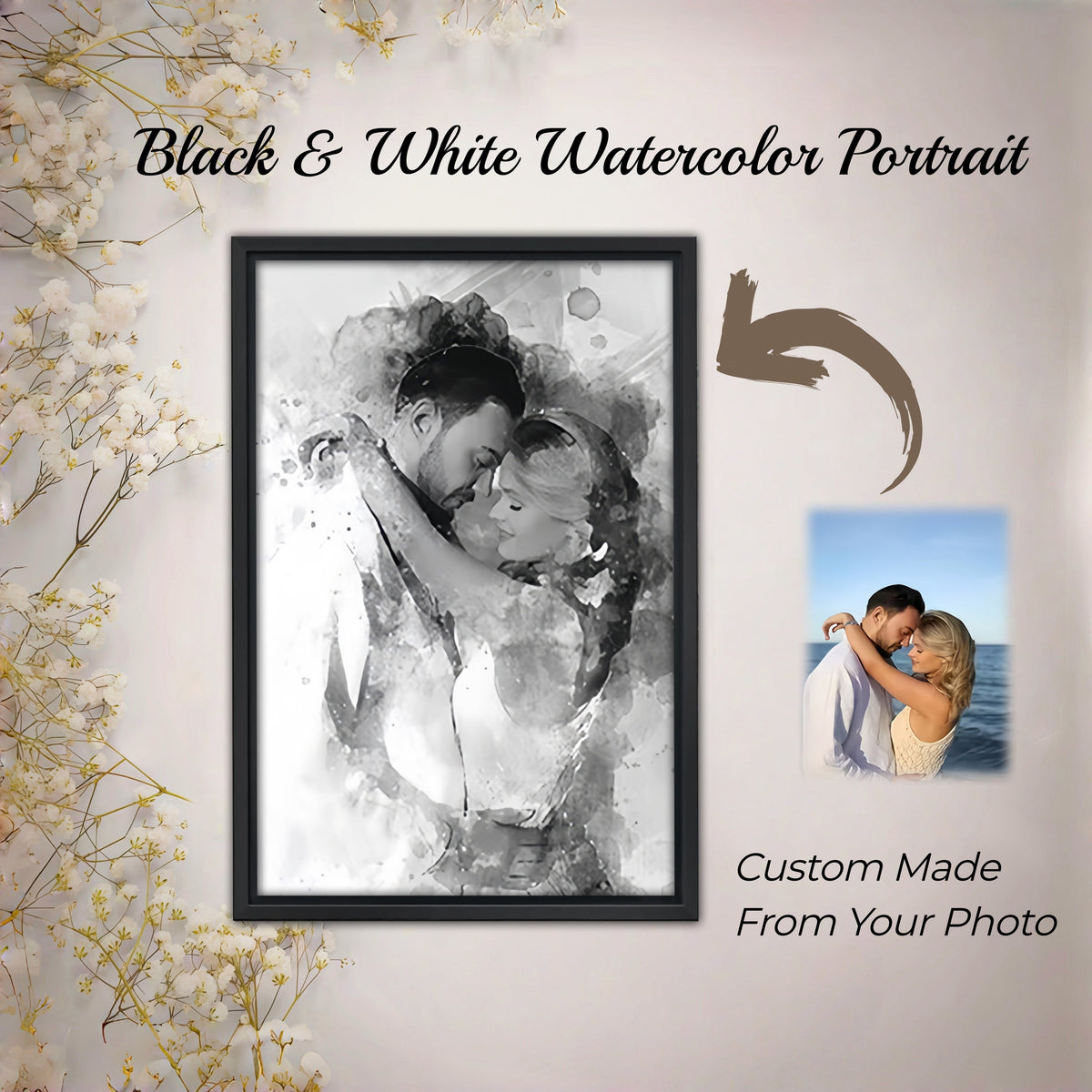 Custom Black and White Watercolor Portrait - Personalized Canvas Art