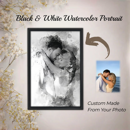 Custom Black and White Watercolor Portrait - Personalized Canvas Art