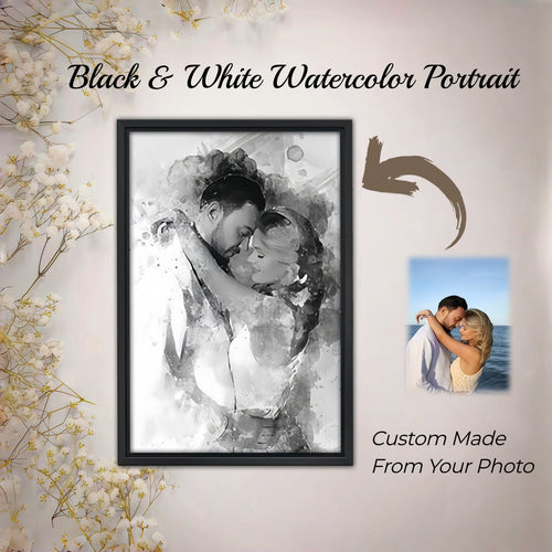 Custom Black and White Watercolor Portrait - Personalized Canvas Art